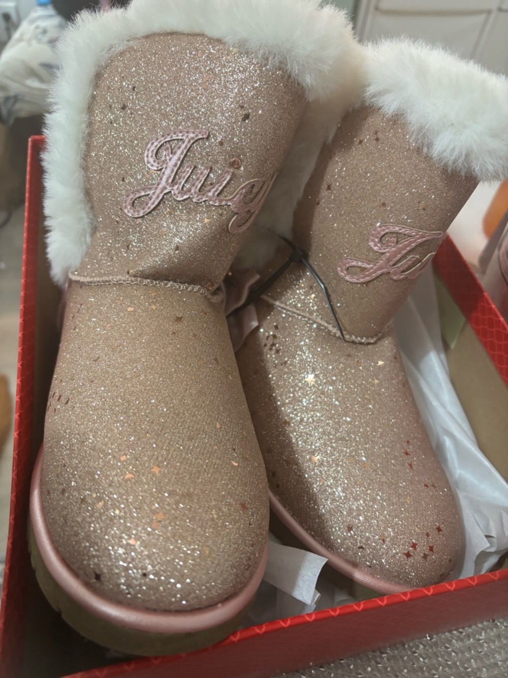 Juicy Couture Glittery Pink Faux-Fur Embroidered Heeled Boots